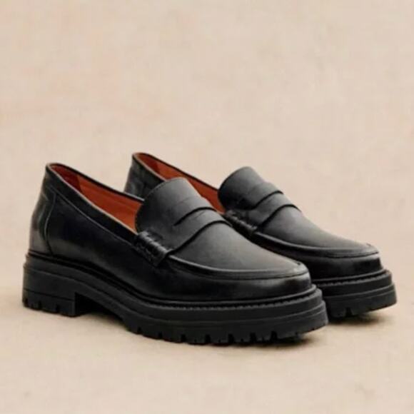 Sézane Albane Chunky Smooth Black Platform Loafers Shoes Women Size 7 Sezane EUC - Picture 1 of 15